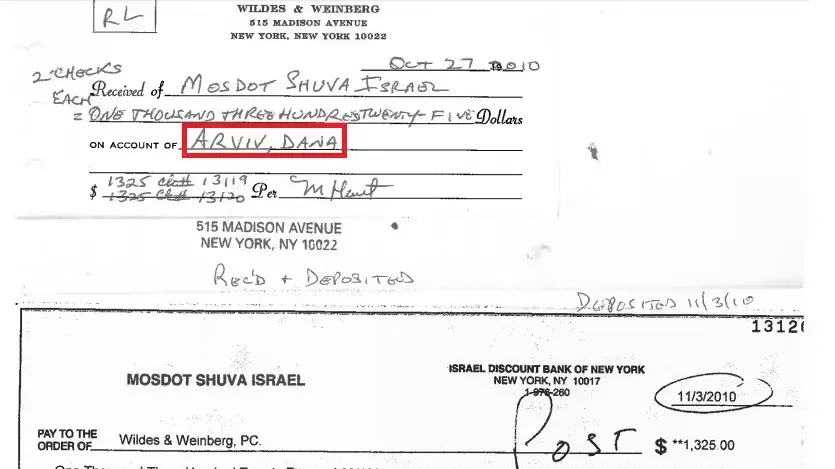 צ'ק ע"ס 1,325 שניתן לעו"ד אמריקנית עבור הוצאות הנפקת ויזה לכלתו של ניצב ארביב צ'ק ע"ס 1,325 שניתן לעו"ד אמריקנית עבור הוצאות הנפקת ויזה לכלתו של ניצב ארביב