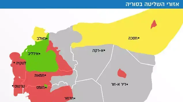 מפה של סוריה בראי מלחמת האזרחים, התפלגות הכוחות, 26 פברואר 2016 מפה של סוריה בראי מלחמת האזרחים, התפלגות הכוחות, 26 פברואר 2016