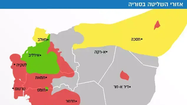 מפה של סוריה בראי מלחמת האזרחים, התפלגות הכוחות, 26 פברואר 2016 מפה של סוריה בראי מלחמת האזרחים, התפלגות הכוחות, 26 פברואר 2016