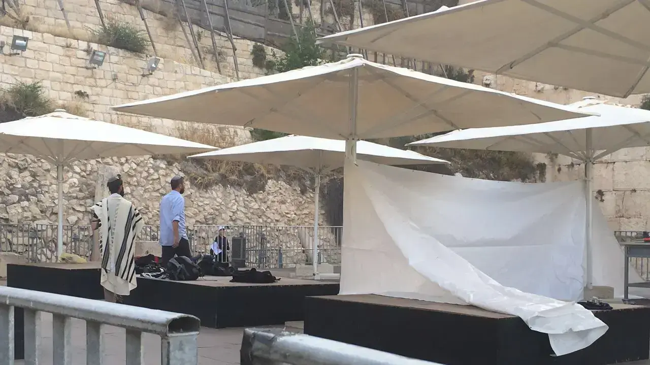 מתפללים בראשות הרב שלמה עמאר הציבו מחיצה ברחבה המעורבת בכותל 14 יוני 2016 מתפללים בראשות הרב שלמה עמאר הציבו מחיצה ברחבה המעורבת בכותל 14 יוני 2016