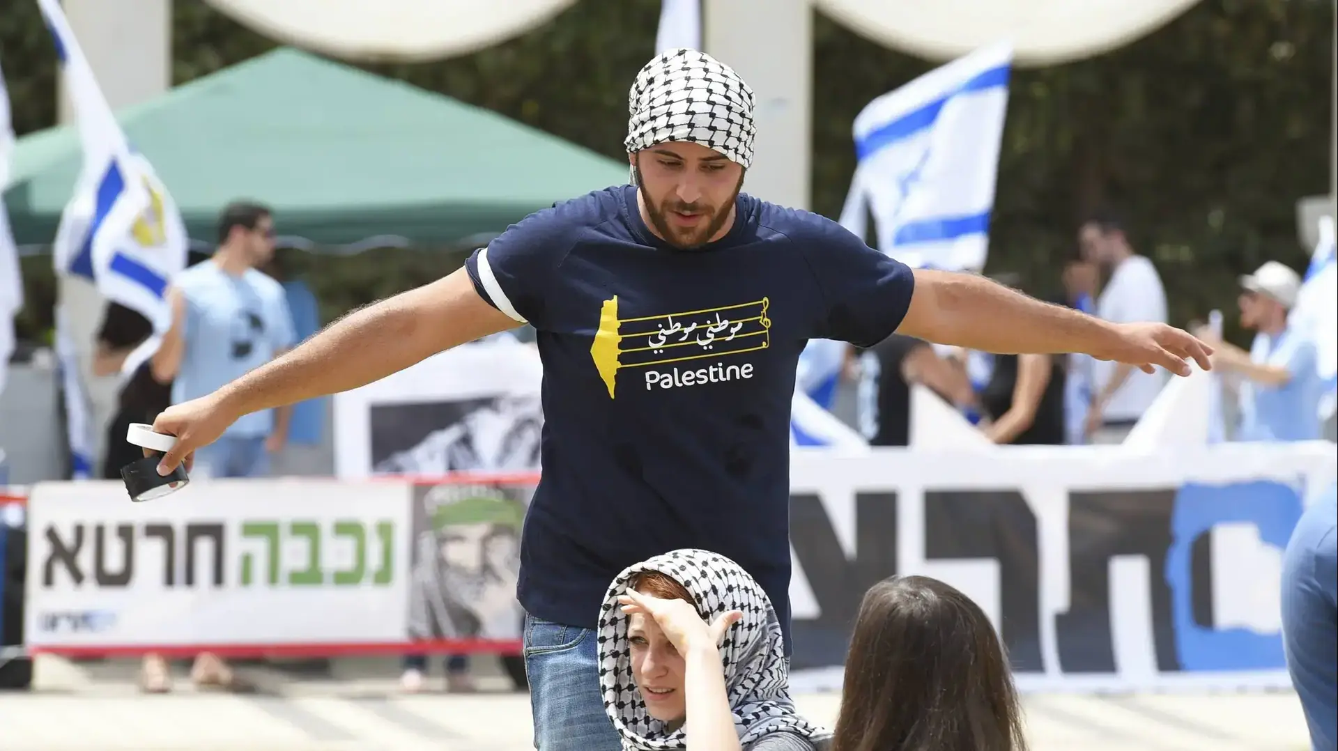 מג'ד ראס, רכז הסטודנטים הערבים במעונות, ביום הנכבה באוניברסיטת תל אביב, מאי 2016