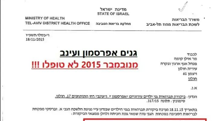 מכתב מטעם משרד הבריאות למנהל אגף ארגון ובקרה בעיריית חולון בנוגע לזיהום בגני ילדים בחולון, נובמבר 2015 מכתב מטעם משרד הבריאות למנהל אגף ארגון ובקרה בעיריית חולון בנוגע לזיהום בגני ילדים בחולון, נובמבר 2015