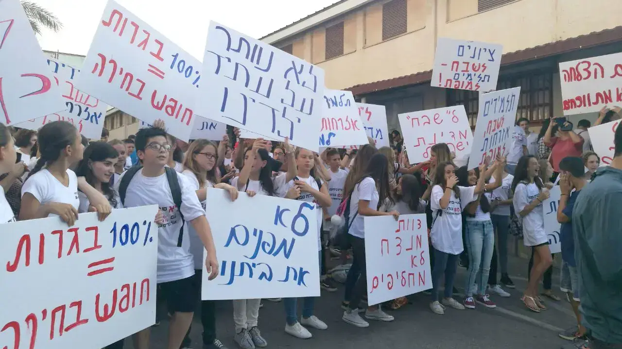 הפגנת תלמידים מחוץ לבית הספר שבח מופת בתל אביב בוקר פתיחת שנת הלימודים תשע"ז הפגנת תלמידים מחוץ לבית הספר שבח מופת בתל אביב בוקר פתיחת שנת הלימודים תשע"ז