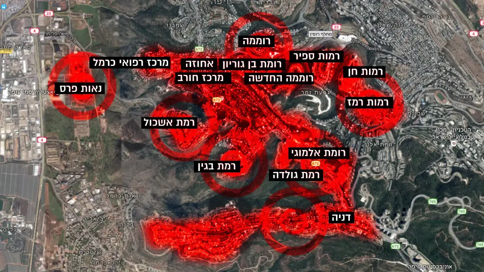 מוקדי השריפות בחיפה, 24 בנובמבר 2016 מוקדי השריפות בחיפה, 24 בנובמבר 2016