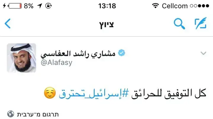 פוסט בטוויטר החוגג את השריפות ברחבי ישראל, 24 בנובמבר 2016