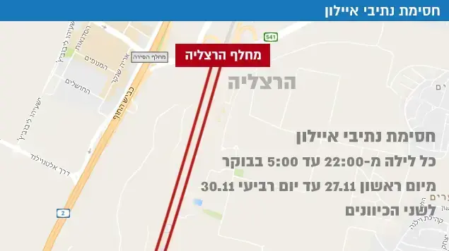 חסימת נתיבי איילון - כל לילה מ-22:00 עד 5:00 מיום ראשון 27.11 עד יום רביעי 30.11 חסימת נתיבי איילון - כל לילה מ-22:00 עד 5:00 מיום ראשון 27.11 עד יום רביעי 30.11