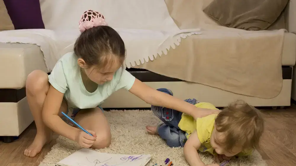אחות גדולה דוחפת את אחיה התינוק אחות גדולה דוחפת את אחיה התינוק