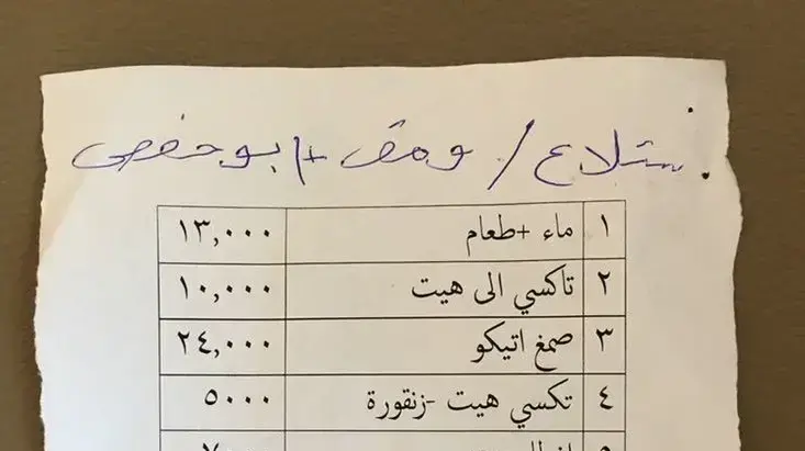 קבלה על נסיעה במונית מהעיר הית שבמחזור אל-אנבאר למוסול, עיראק קבלה על נסיעה במונית מהעיר הית שבמחזור אל-אנבאר למוסול, עיראק