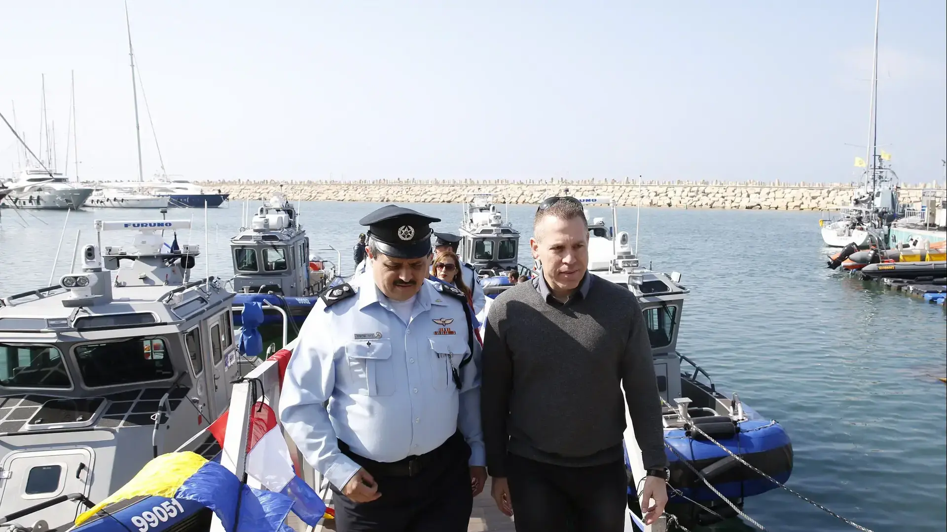 השר לביטחון הפנים גלעד ארדן ומפכ"ל המשטרה רוני אלשיך, טקס חניכת סירות משטרה למערך הימי של משטרת ישראל. מרינה הרצליה 9 בפברואר 2017
