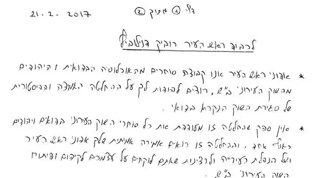 מכתב של סוחרי השוק הבדואי לראש עיריית באר שבע רוביק דנילוביץ מכתב של סוחרי השוק הבדואי לראש עיריית באר שבע רוביק דנילוביץ