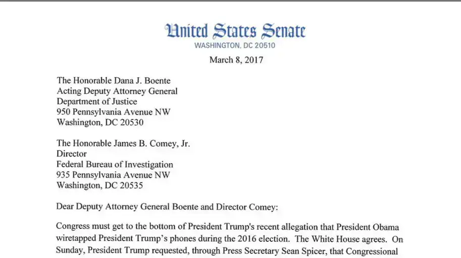 המכתב שהעביר הסנאט ל-FBI על חקירת ההאזנות לטראמפ, 8 במרץ 2017 המכתב שהעביר הסנאט ל-FBI על חקירת ההאזנות לטראמפ, 8 במרץ 2017