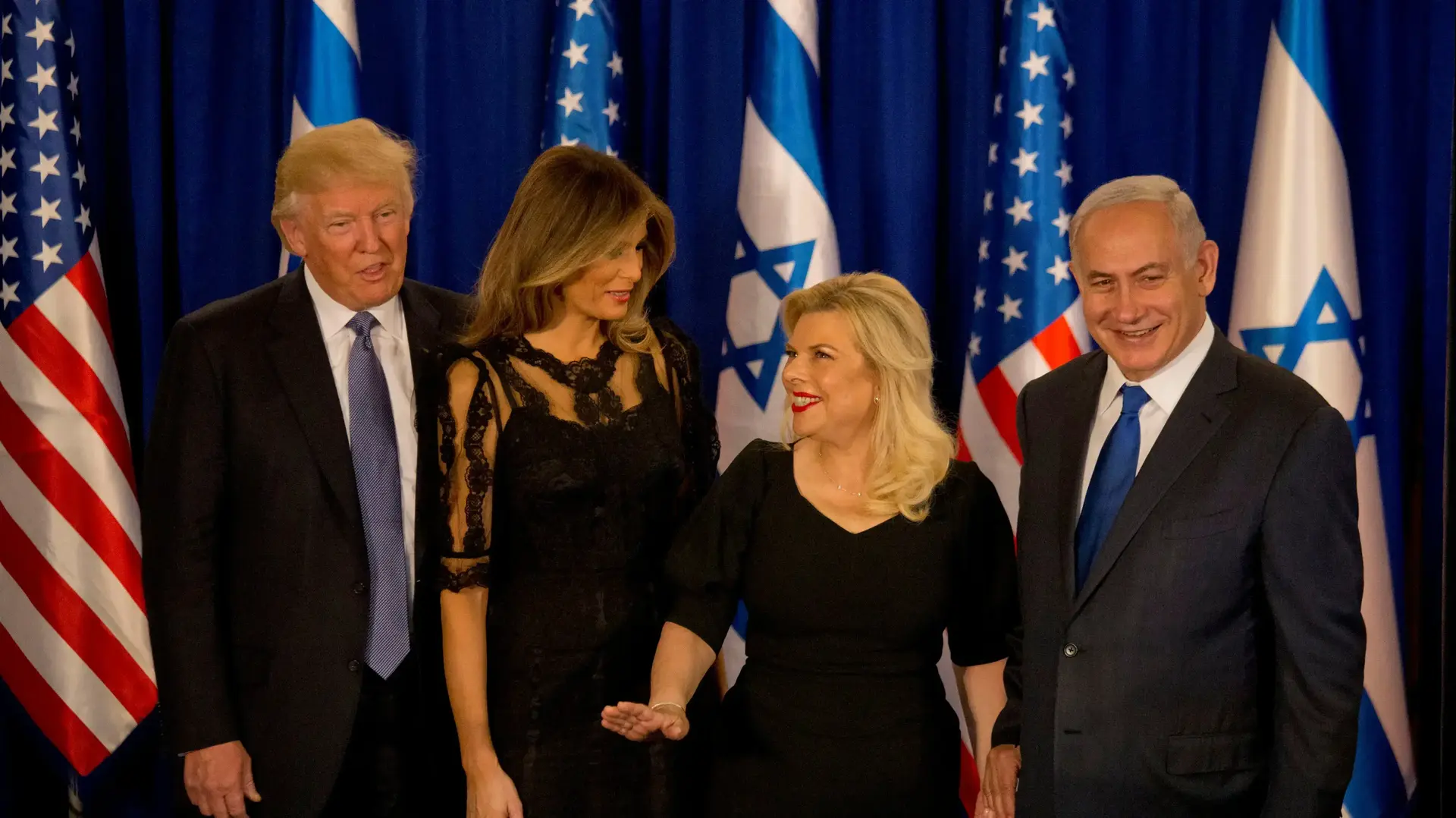 ראש הממשלה בנימין נתניהו ורעייתו שרה עם נשיא ארה"ב דונלד טראמפ ורעייתו מלניה, בבית רה"מ בירושלים, 22 במאי 2017 ראש הממשלה בנימין נתניהו ורעייתו שרה עם נשיא ארה"ב דונלד טראמפ ורעייתו מלניה, בבית רה"מ בירושלים, 22 במאי 2017