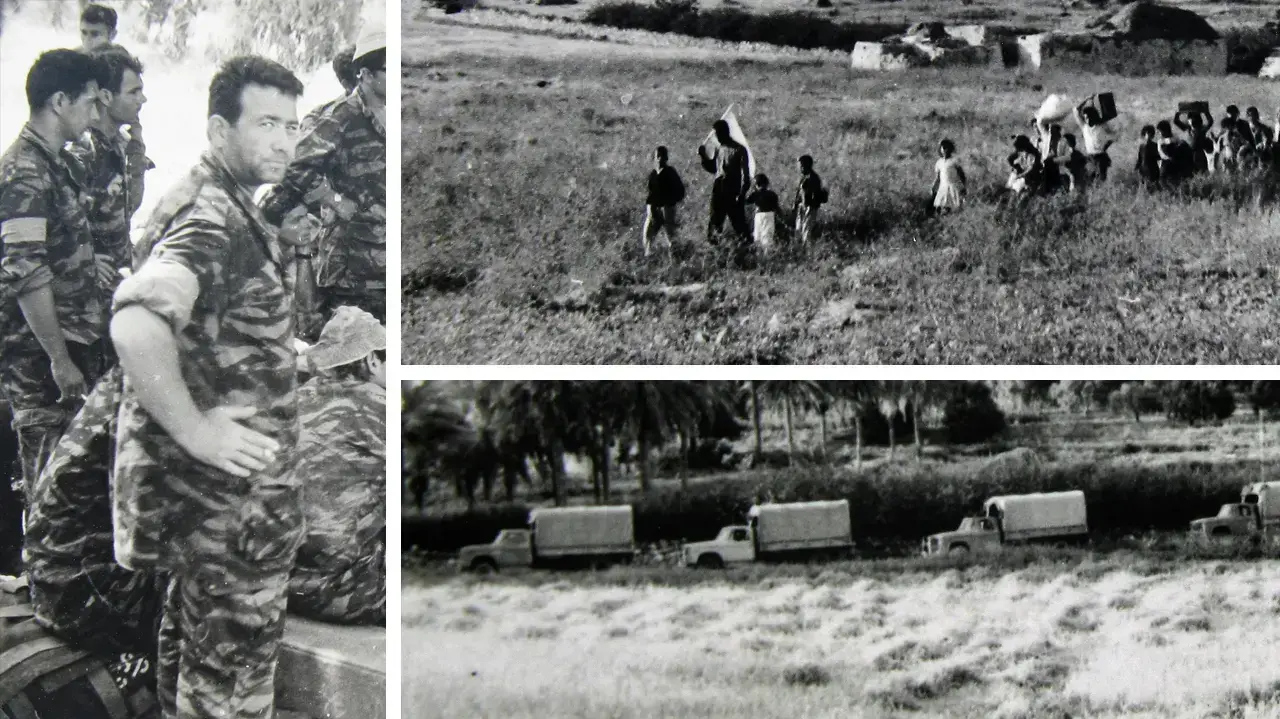 אזרחים נוטשים כפרים באזור לטרון, משאיות מול מנזר השתקנים ותדרוך מחלקתי אזרחים נוטשים כפרים באזור לטרון, משאיות מול מנזר השתקנים ותדרוך מחלקתי