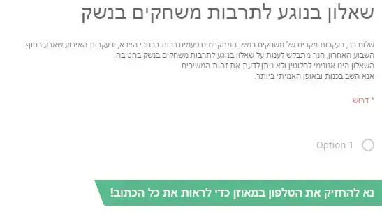 שאלון בנוגע לתרבות משחקים בנשק 28 ביוני 2017