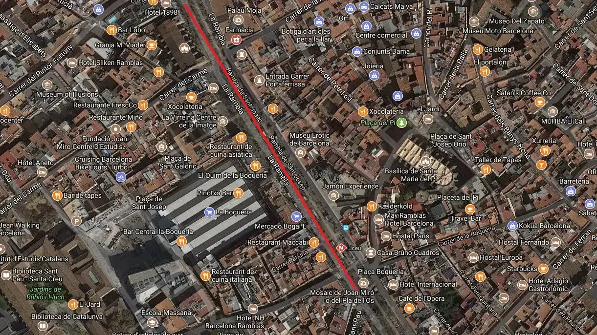 מפה המראה את זירת הפיגוע בלה רמבלה ברצלונה, ספרד, 2017 מפה המראה את זירת הפיגוע בלה רמבלה ברצלונה, ספרד, 2017