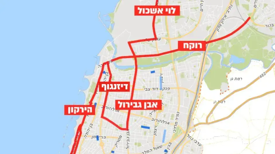 מפת חסימות הכבישים לקראת מרתון תל אביב, פברואר 2018