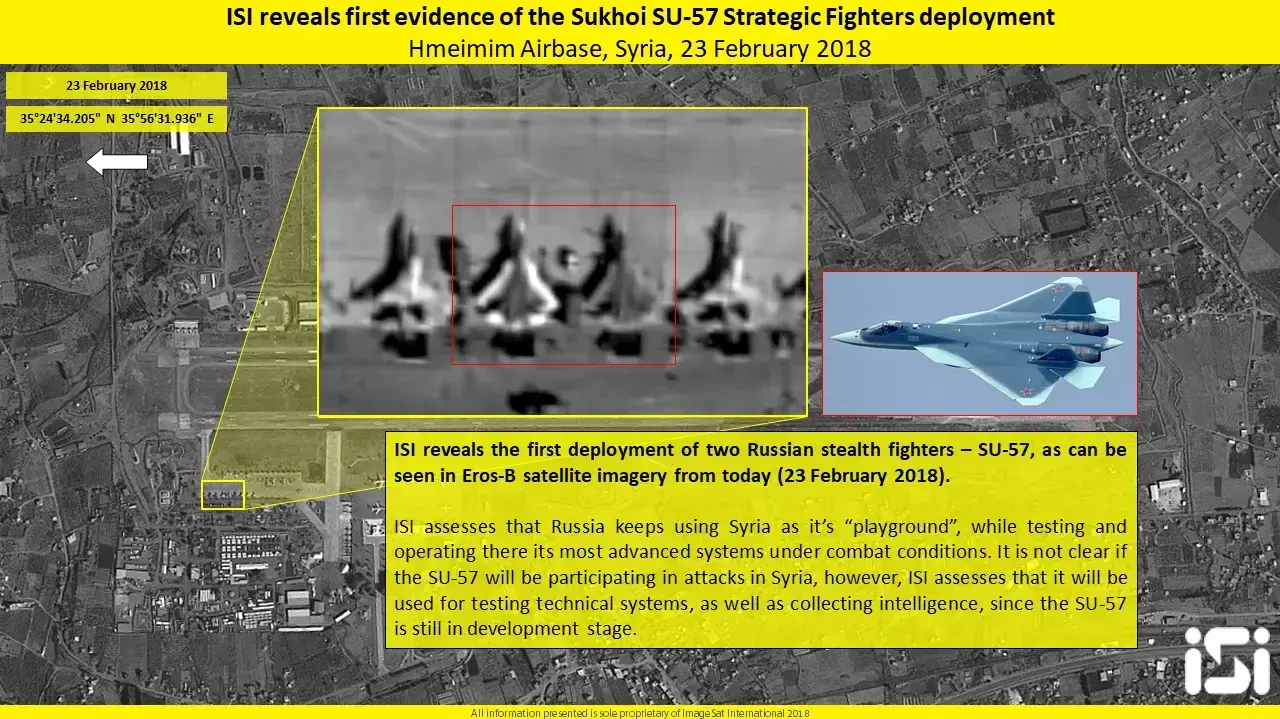 תמונת לווין של מטוסי סוחוי SU 57 בבסיס חיל האוויר חמיימים במערב סוריה תמונת לווין של מטוסי סוחוי SU 57 בבסיס חיל האוויר חמיימים במערב סוריה