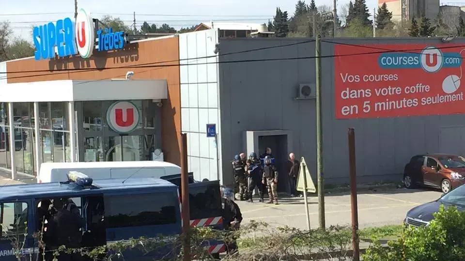 זירת תקרית בני ערובה בעיר טרב שבדרום צרפת, 23 במרץ 2018