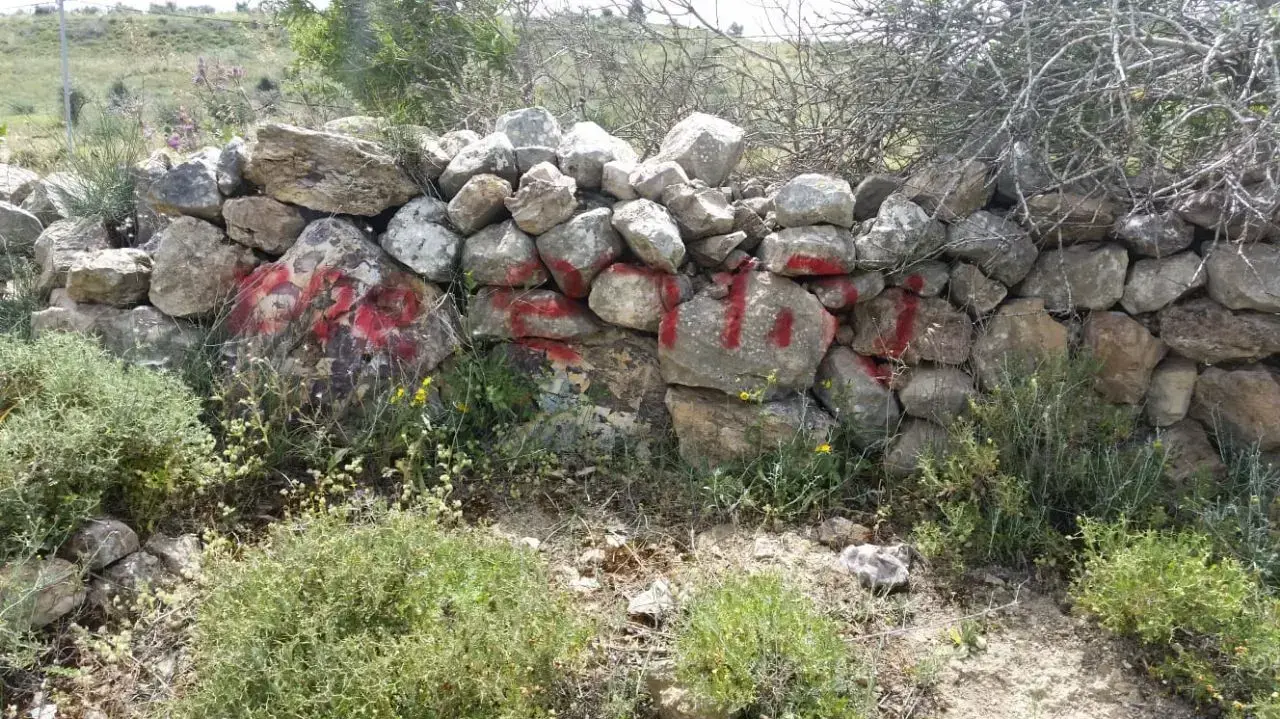 כתובות שרוססו בכפר בורין שבאזור שכם בסמוך למטע זית שבו נכרתו כמאה עצים, 20 באפריל 2018 כתובות שרוססו בכפר בורין שבאזור שכם בסמוך למטע זית שבו נכרתו כמאה עצים, 20 באפריל 2018