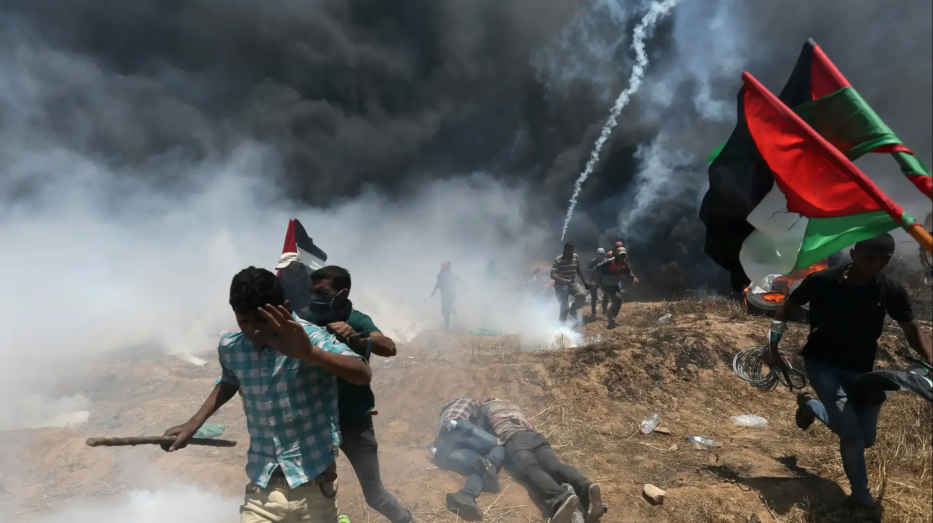 הפגנת פלסטינים בגבול הרצועה במאה על מעבר שגרירות ארה"ב לירושלים 14 במאי 2018 