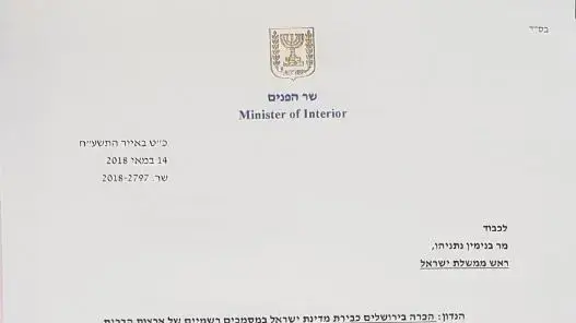 מכתב ששיגר שר הפנים אריה דרעי לראש הממשלה בנימין נתניהו - ההכרה בירושלים כבירת ישראל במסמכים רשמיים של ארה"ב מכתב ששיגר שר הפנים אריה דרעי לראש הממשלה בנימין נתניהו - ההכרה בירושלים כבירת ישראל במסמכים רשמיים של ארה"ב