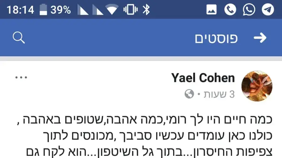 פוסט שכתבה יעל כהן, אמה של רומי כהן שנהרגה באסון בנחל צפית. מאי 2018 פוסט שכתבה יעל כהן, אמה של רומי כהן שנהרגה באסון בנחל צפית. מאי 2018