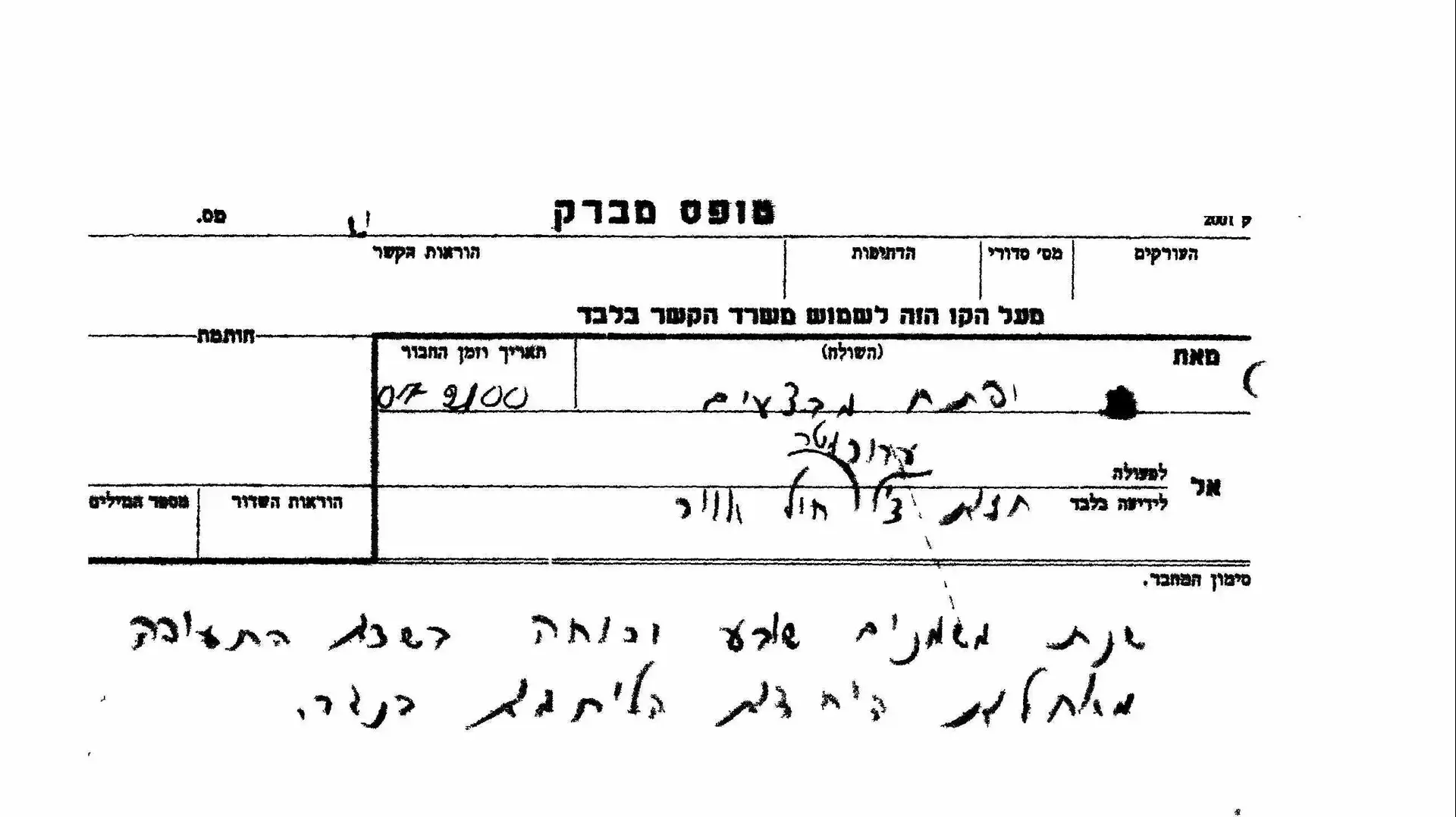 טופס מברק- מאת: יפתח מבצעים
אל: חזית 3 חיל האוויר
טופס מברק- מאת: יפתח מבצעים
אל: חזית 3 חיל האוויר