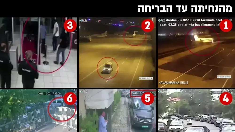 תיעוד ממצלמות האבטחה של הגעת חברי החוליה הסעודית, שחיסלה את העיתונאי ג'מאל חאשוקג'י, 2 באוקטובר 2018 תיעוד ממצלמות האבטחה של הגעת חברי החוליה הסעודית, שחיסלה את העיתונאי ג'מאל חאשוקג'י, 2 באוקטובר 2018