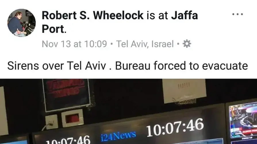 בכיר בערוץ i24news מדווח בעמוד הפייסבוק שלו על אזעקה בתל אביב שלא היתה ולא נבראה (הפוסט הוסר לאחר מכן) בכיר בערוץ i24news מדווח בעמוד הפייסבוק שלו על אזעקה בתל אביב שלא היתה ולא נבראה (הפוסט הוסר לאחר מכן)