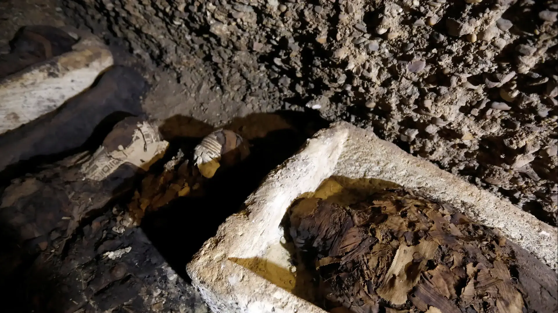 גולגלות ועצמות נראות בתוך קבר בעת הצגת תגלית חדשה באתר ארכיאולוגי במחוז אל-מניא ,מצרים, 2 בפברואר 2019 גולגלות ועצמות נראות בתוך קבר בעת הצגת תגלית חדשה באתר ארכיאולוגי במחוז אל-מניא ,מצרים, 2 בפברואר 2019
