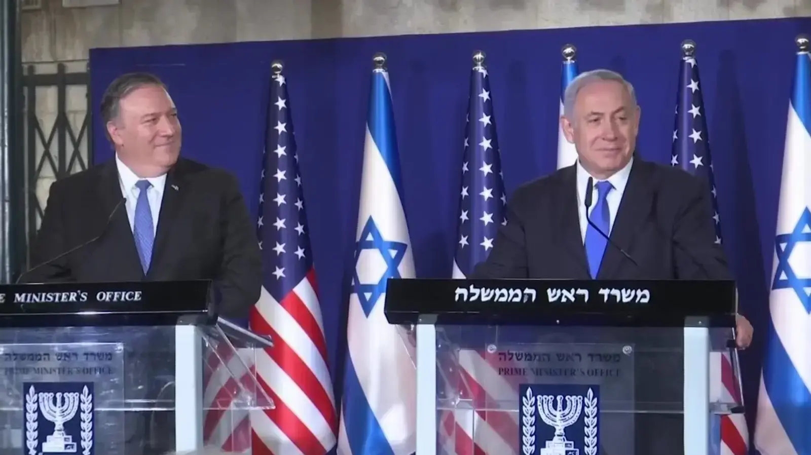 ראש הממשלה בנימין נתניהו ושר החוץ האמריקני מייק פומפאו בהצהרות במעון רה"מ, 21 במרץ 2019 ראש הממשלה בנימין נתניהו ושר החוץ האמריקני מייק פומפאו בהצהרות במעון רה"מ, 21 במרץ 2019