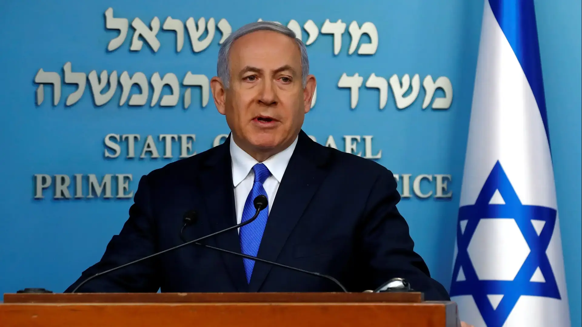 ראש הממשלה, בנימין נתניהו במהלך עצרה לתקשורת בהתייחסות למציאת גופתו של הנעדר זכריה באומל, משרד רה"מ, 3 באפריל 2019 