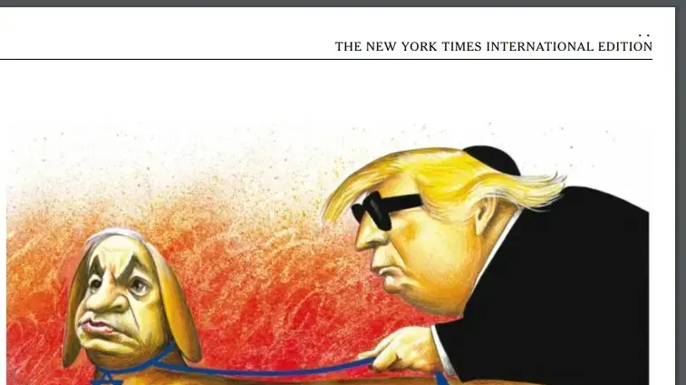 קריקטורה אנטישמית מהניו יורק טיימס שפורסמה ב-25 באפריל 2019 קריקטורה אנטישמית מהניו יורק טיימס שפורסמה ב-25 באפריל 2019