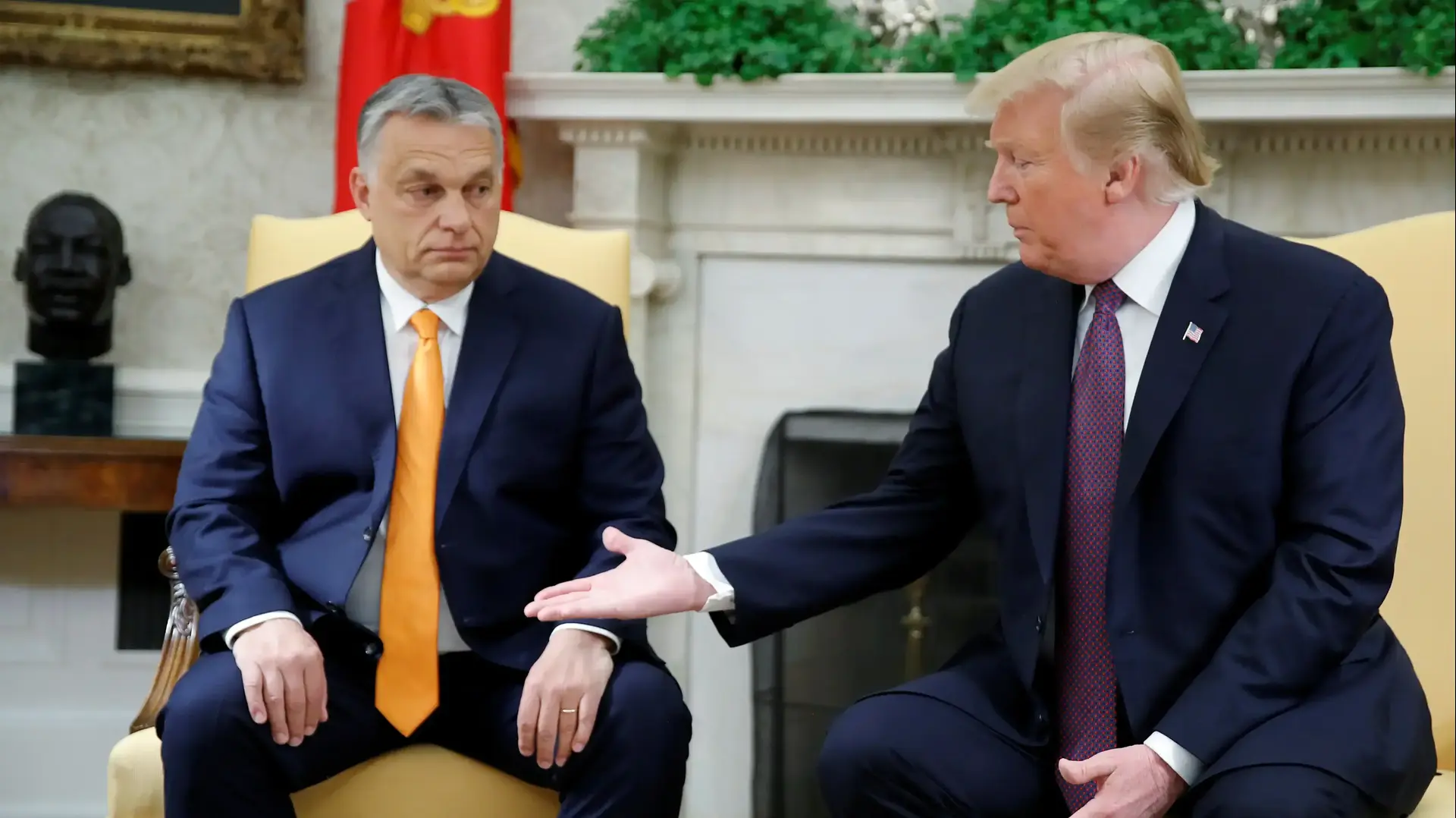 נשיא ארה"ב, דונלד טראמפ וראש ממשלת הונגריה ויקטור אורבן במהלך פגישתם בבית הלבן, וושינגטון, ארה"ב 13 במאי 2019 

