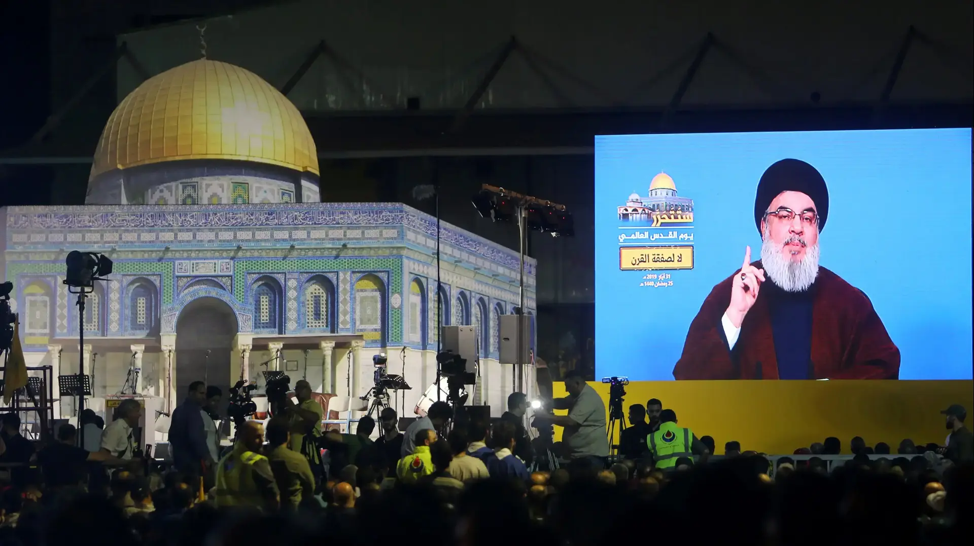 מנהיג חיזבאללה, חסן נסראללה במהלך נאומו במסגרת יום ירושלים, ביירות, לבנון 1 ביוני 2019
מנהיג חיזבאללה, חסן נסראללה במהלך נאומו במסגרת יום ירושלים, ביירות, לבנון 1 ביוני 2019