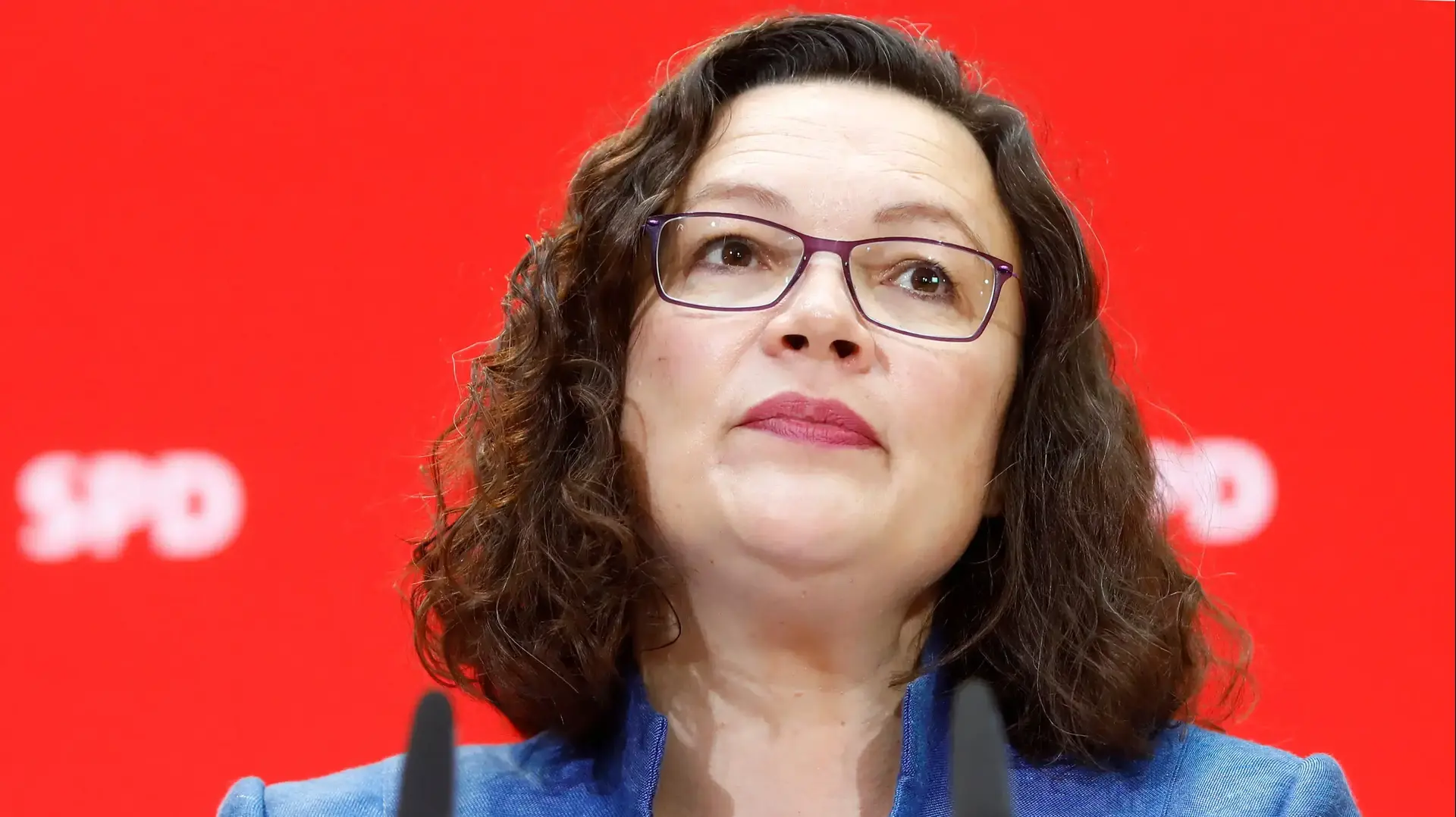 מנהיגת המפלגה הסוציאל-דמוקרטית (SPD)  של גרמניה, אנדריאה נהלס במהלך מסע"ת בברלין, גרמניה 15 באוקטובר 2018 

