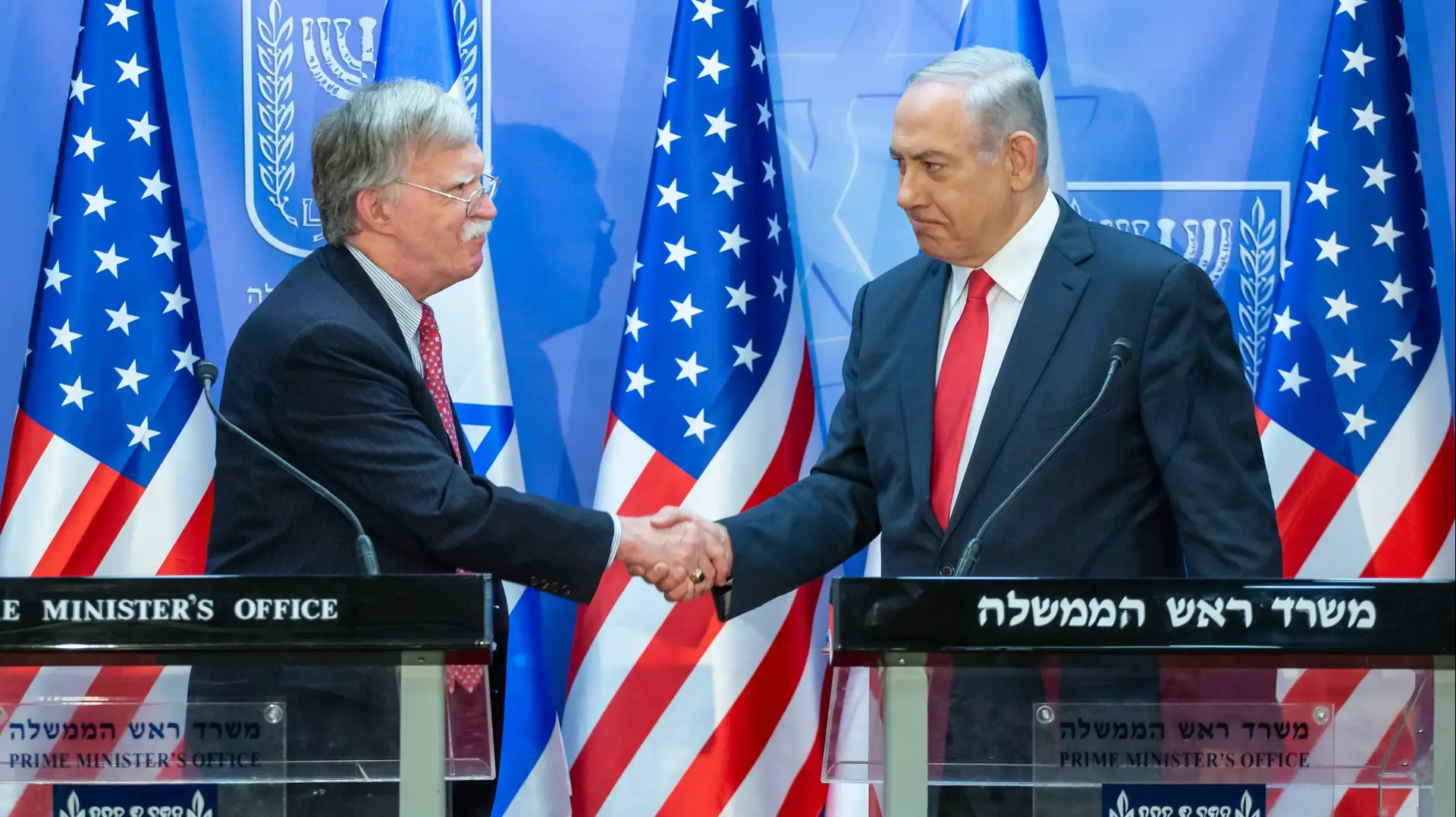 ראש הממשלה, בנימין נתניהו והיועץ לביטחון לאומי של ארה"ב ג'ון בולטון, במהלך הצהרה לתקשורת, לשכת רה"מ, ירושלים 23 ביוני 2019 ראש הממשלה, בנימין נתניהו והיועץ לביטחון לאומי של ארה"ב ג'ון בולטון, במהלך הצהרה לתקשורת, לשכת רה"מ, ירושלים 23 ביוני 2019