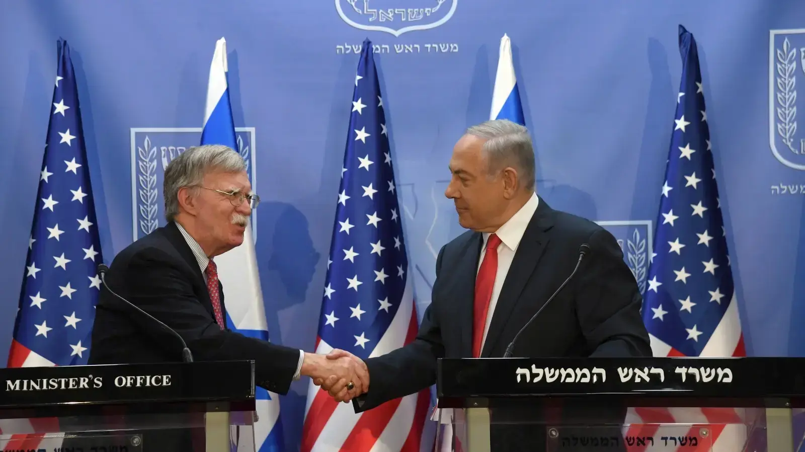 ראש הממשלה, בנימין נתניהו והיועץ לביטחון לאומי של ארה"ב ג'ון בולטון, במהלך הצהרה לתקשורת, לשכת רה"מ, ירושלים 23 ביוני 2019