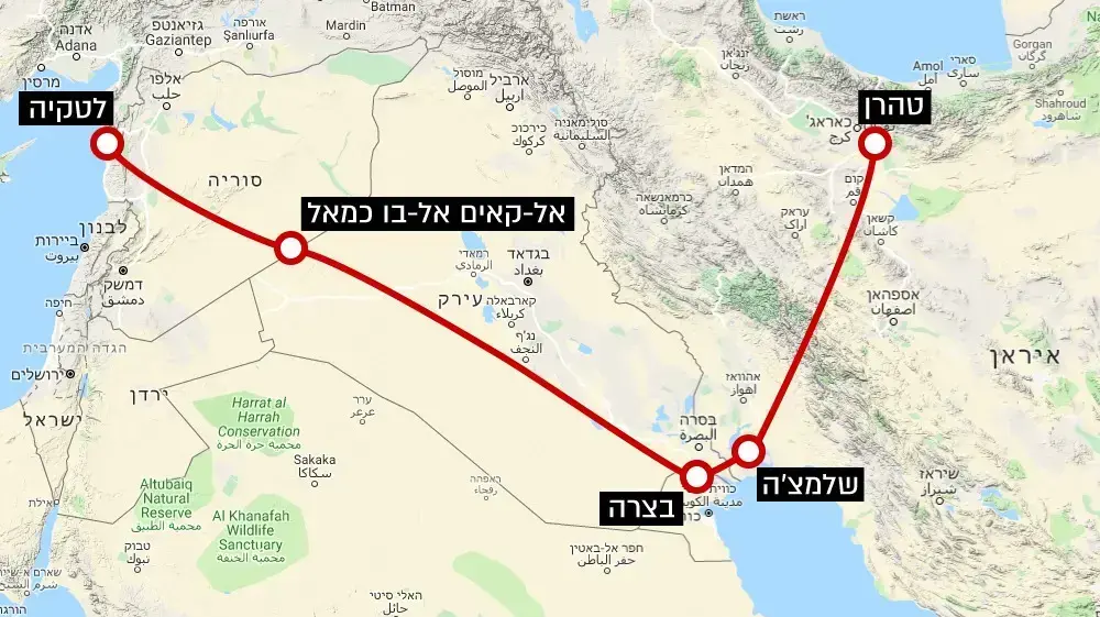 מפה- שלוש נקודות מרכזיות על המפה מטהראן לעבור לעיראק דרך נמל שלמצ'ה במחוז ח'זסתאן שיחובר לנמל בצרה בעיראק ומשם דרך מעבר הגבול אלק'אים-אלבוקמאל בין עיראק וסוריה להגיע סוריה דרך נמל לטקיה מפה- שלוש נקודות מרכזיות על המפה מטהראן לעבור לעיראק דרך נמל שלמצ'ה במחוז ח'זסתאן שיחובר לנמל בצרה בעיראק ומשם דרך מעבר הגבול אלק'אים-אלבוקמאל בין עיראק וסוריה להגיע סוריה דרך נמל לטקיה