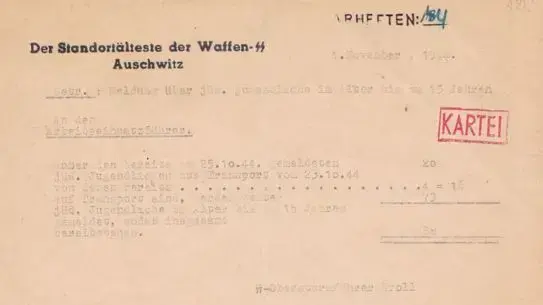 מסמך בעניין טיפול בילדים יהודים, אושוויץ, 25/4/1944 מסמך בעניין טיפול בילדים יהודים, אושוויץ, 25/4/1944