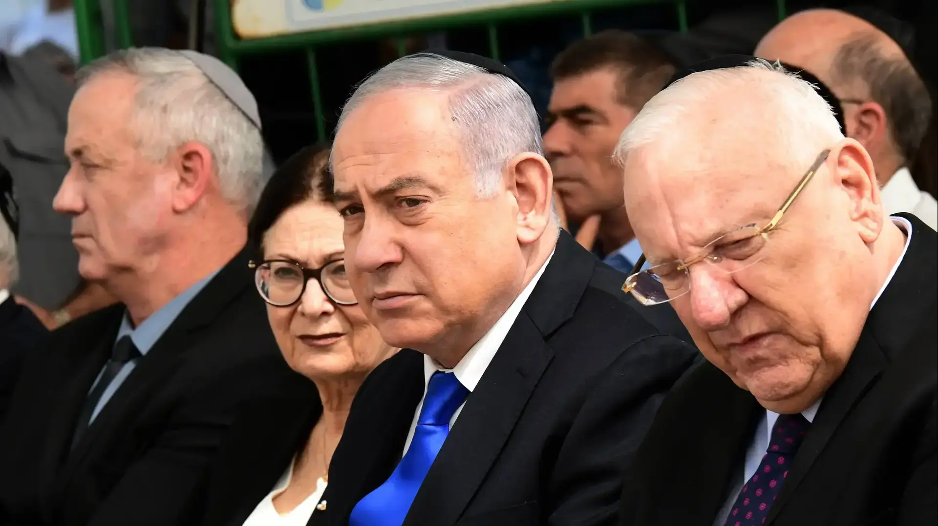 בנימין נתניהו, בני גנץ, אסתר חיות וראובן ריבלין באזכרה לשמעון פרס, הר הרצל ירושלים, 19.09.19