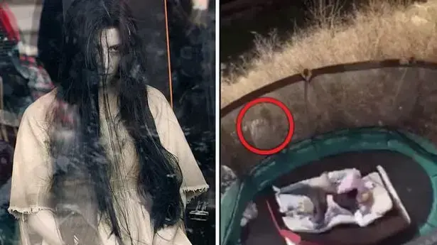 דמות שנראית כמו סמרה מ"הצלצול" מגיחה מתחת לטרמפולינה