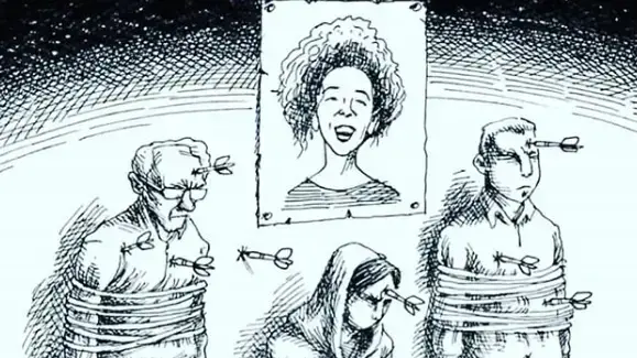 קריקטורה של בני משפחתה של העיתונאית האיראנית מסיח עלי נג'אד שנעצרו כדי להשתיק אותה קריקטורה של בני משפחתה של העיתונאית האיראנית מסיח עלי נג'אד שנעצרו כדי להשתיק אותה