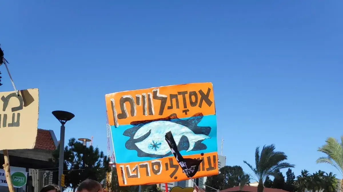 תושבי יישובי חוף הכרמל, עוטף לוויתן, מפגינים בתל אביב בגלל הנישוב מאסדת הקידוח, 31 בדצמבר 2019 תושבי יישובי חוף הכרמל, עוטף לוויתן, מפגינים בתל אביב בגלל הנישוב מאסדת הקידוח, 31 בדצמבר 2019