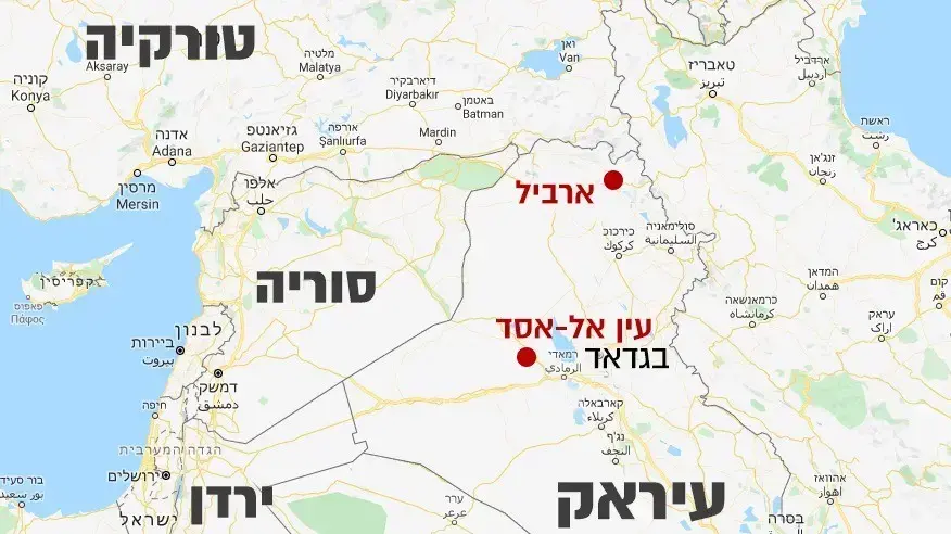 מפת היעדים בעיראק שהותקפו ע"י איראן , 8 בינואר 2020 מפת היעדים בעיראק שהותקפו ע"י איראן , 8 בינואר 2020