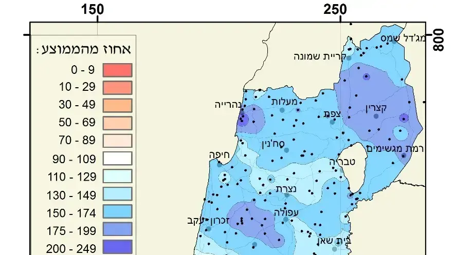 כמות המשקעים המצטברת מספטמבר עד 8 בינואר 2020 ביחס לממוצע הרב שנתי - באחוזים כמות המשקעים המצטברת מספטמבר עד 8 בינואר 2020 ביחס לממוצע הרב שנתי - באחוזים