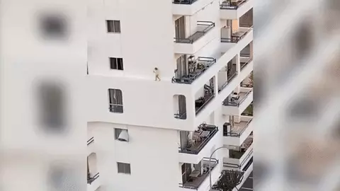 ילדה בת שנתיים מטיילת על מעקה חיצוני של בניין ילדה בת שנתיים מטיילת על מעקה חיצוני של בניין