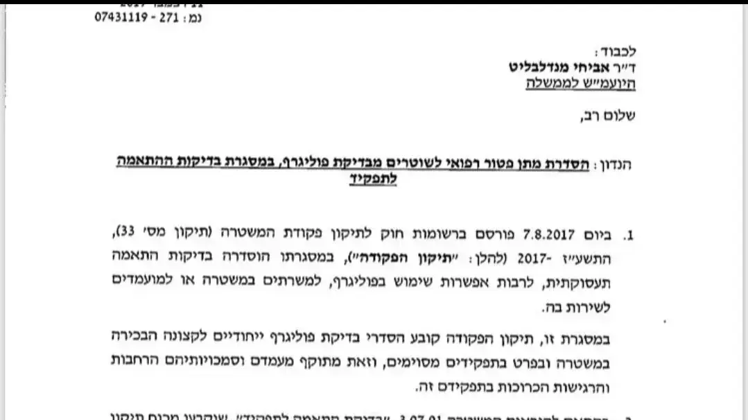 מכתב ששלח עו"ד יואל הדר, היועץ המשפטי של המשרד לביטחון פנים ליועץ המשפטי לממשלה ד"ר אביחי מנדלבליט, בנושא הפוליגרף שעוברים קצינים בדרגות בכירות במשטרה מכתב ששלח עו"ד יואל הדר, היועץ המשפטי של המשרד לביטחון פנים ליועץ המשפטי לממשלה ד"ר אביחי מנדלבליט, בנושא הפוליגרף שעוברים קצינים בדרגות בכירות במשטרה