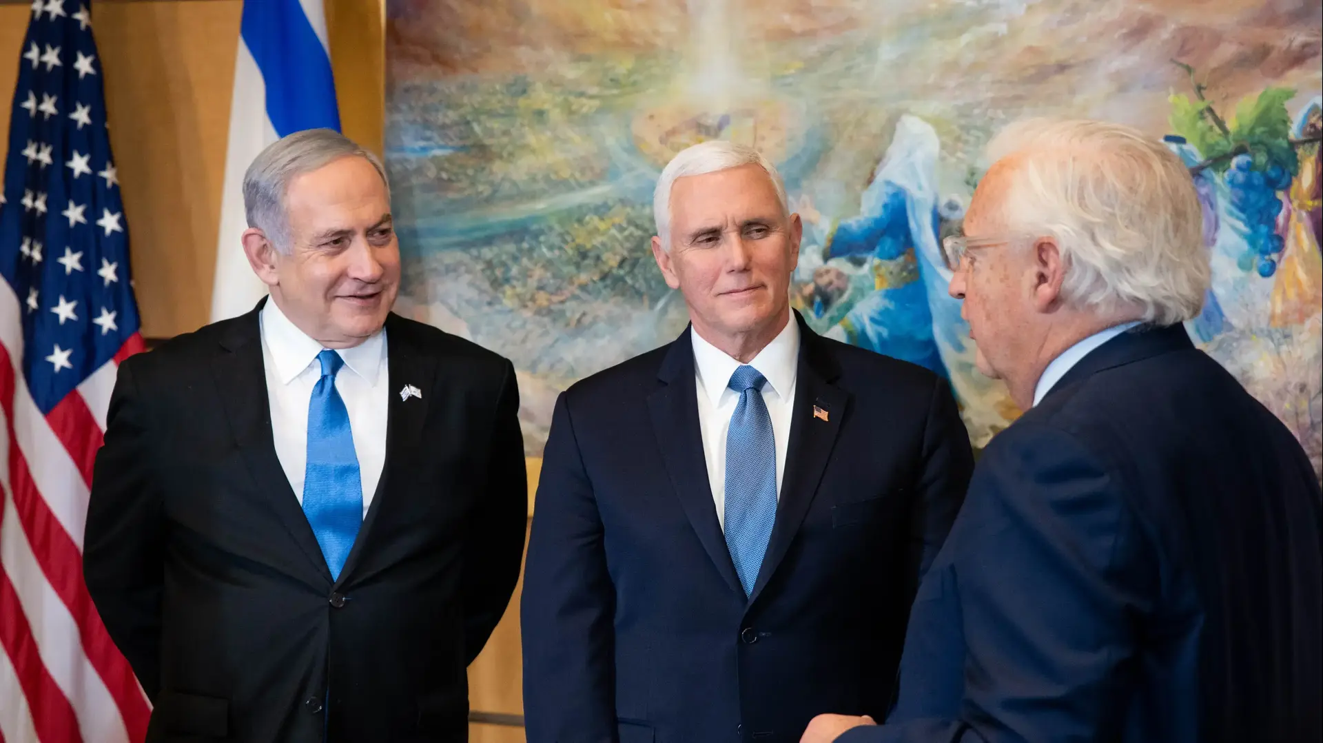 ראש הממשלה בנימין נתניהו נפגש עם סגן נשיא ארצות הברית מייק פנס ושגריר ארה,ב דיוויד פרידמן בשגרירות האמריקאית בירושלים. 23 בינואר 2020
