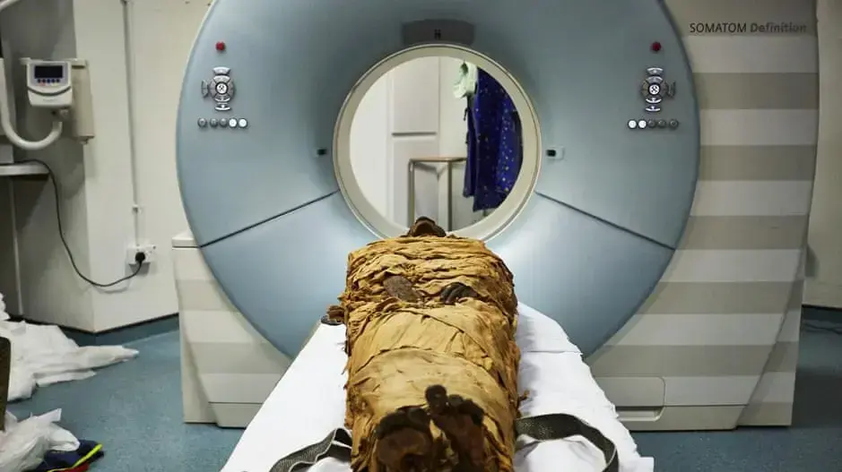 המומיה של הכומר העתיק נסיאמון מוכנסת לסורק סי.טי כדי לבדוק את דרכי הקול שלו